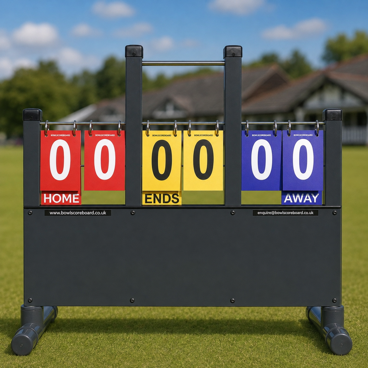 BowlScoreboard bowls scoreboard on a bowls green showing home, ends and away picked numbers with a sponsor advertising panel
